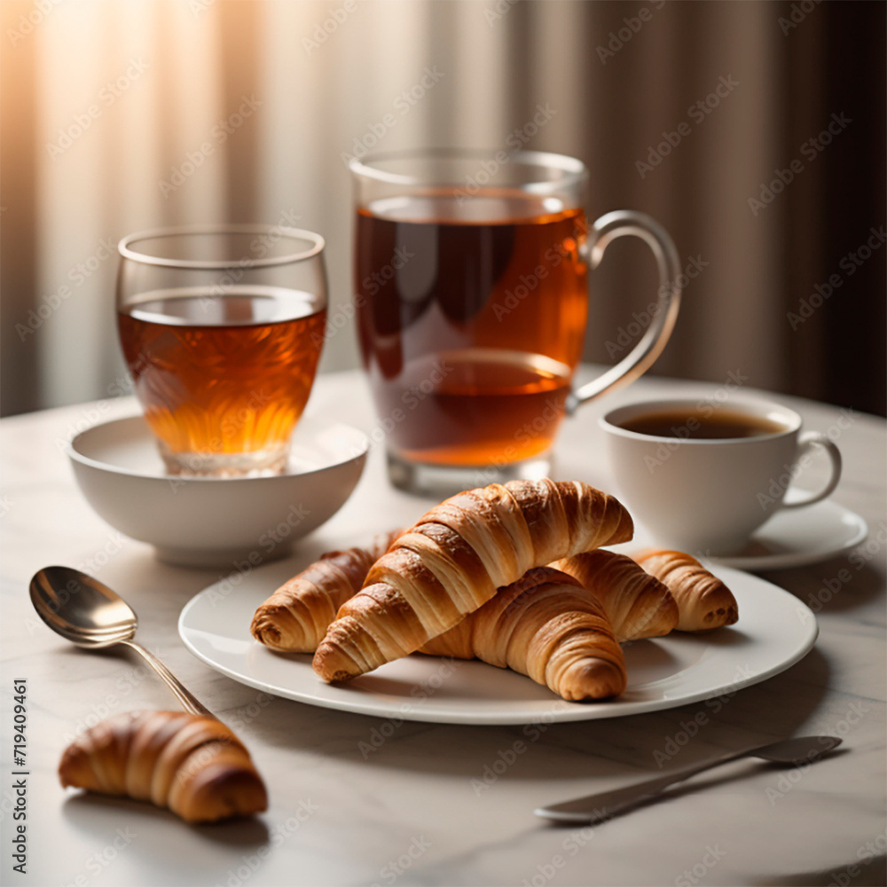 tray with small croissants, coffee cup, tea jug, tea glass tray with small croissants, coffee cup, tea jug, tea glass