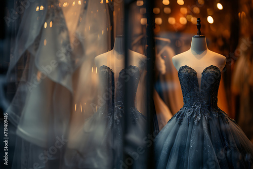  blue dress on dummy for wedding dresses on display in photo