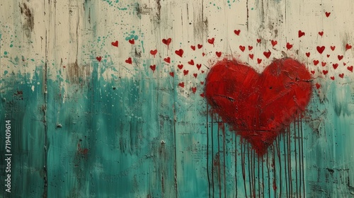 Generative AI, grunge colorful painted hearts on canvas background. Valentine's day concept 