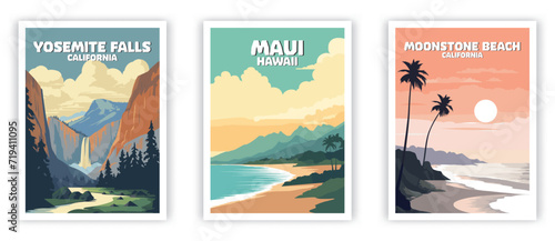 Maui, Yosemite Falls, Moonstone Beach Illustration Art. Travel Poster Wall Art. Minimalist Vector art