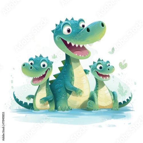 Illustration of a family of crocodiles on a white background.