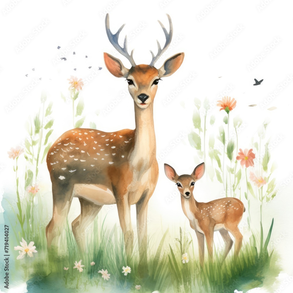 Watercolor illustration of a family of deer on a white background. Watercolor illustration of a family of deer on a white background.