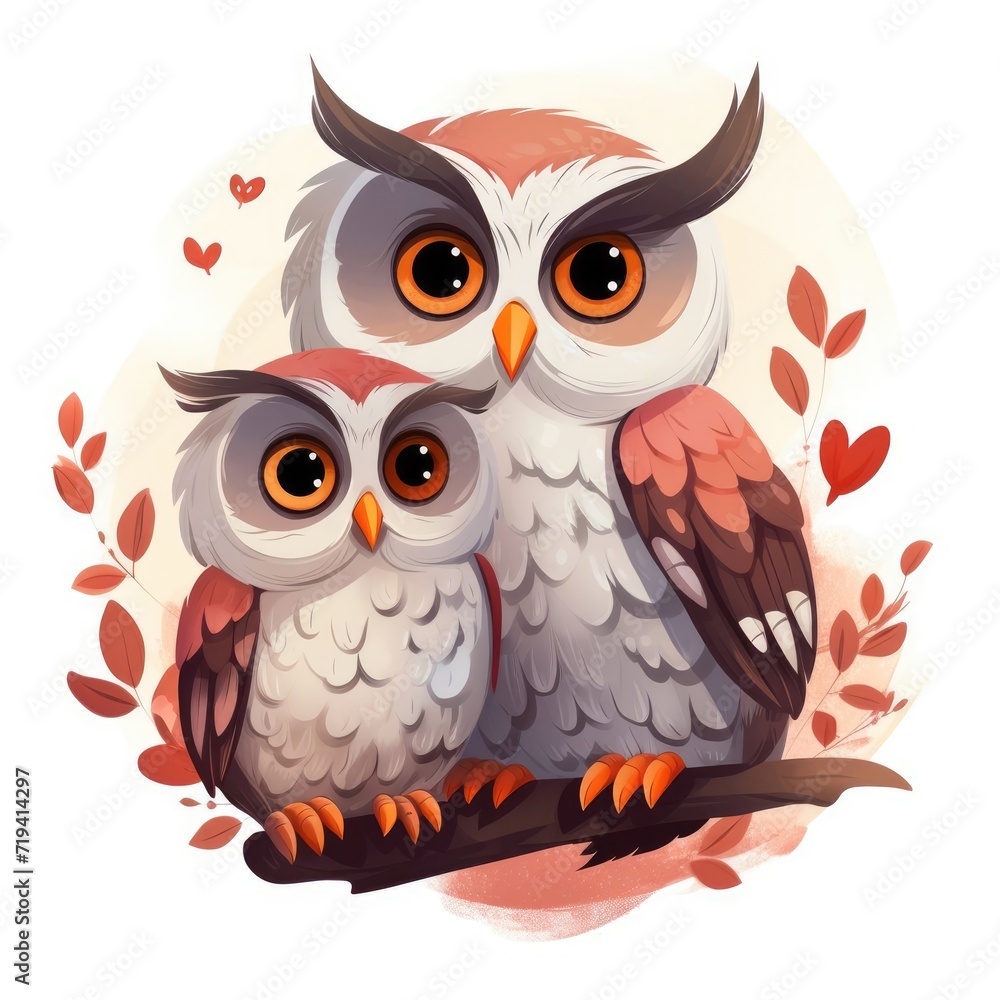 Fototapeta premium Illustration of a family of owls on a white background.