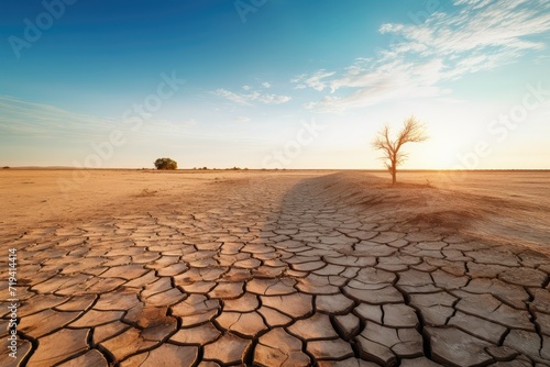 Landscape with dry and cracked earth. Global warming, climate change concept. Large dry field of land after a long period of drought. Cracked earth soil sunset landscape.