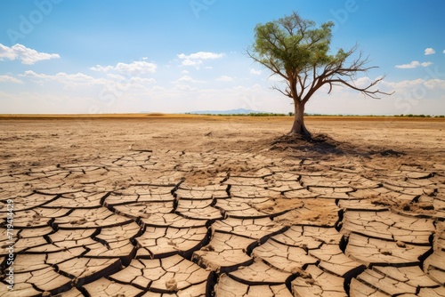 Lonely tree on cracked earth. Concept of climate change and global warming. Large dry field of land after a long period of drought. Soil drought cracked landscape.