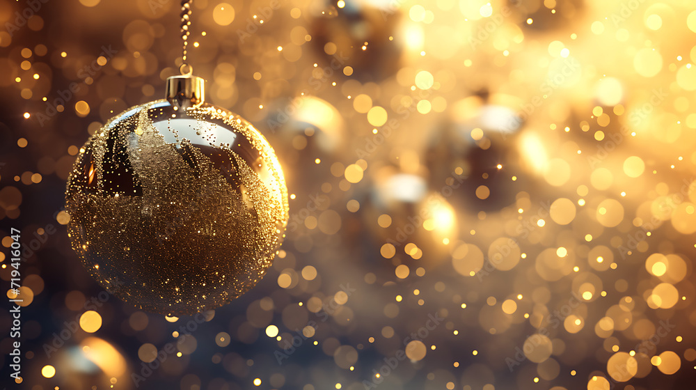  christmas balls floating at high speed in golden back - obrazy, fototapety, plakaty 