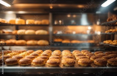 Hot freshly baked products on shelves and the oven
