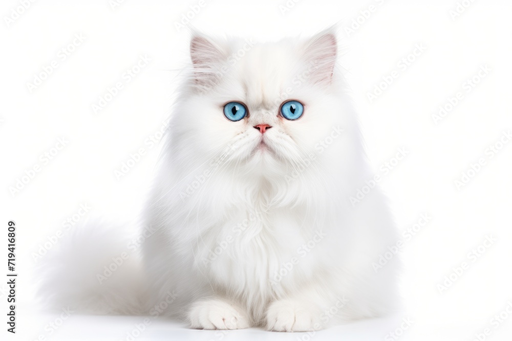 Persian Cat Portrait. Adorable Pet Lying Looking at Front View. White Background and Isolated