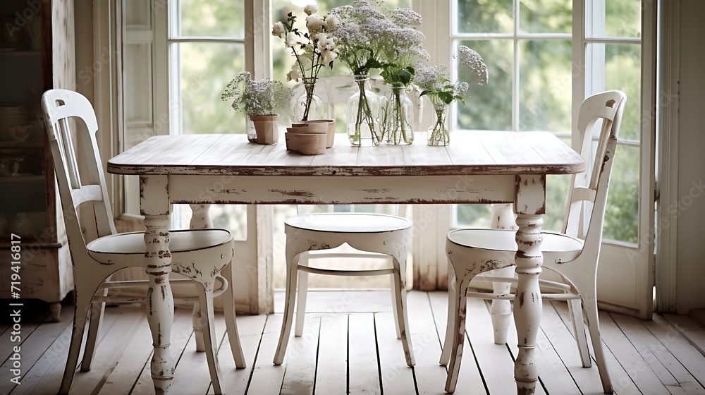 A shabby chic dining area with a distressed white table and vintage chairs