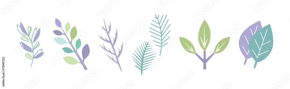 Simple Leaf and Foliage Element with Stem Vector Set - obrazy, fototapety, plakaty 