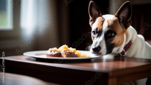 dog with a plate of food ai generated © Alena Shelkovnikova