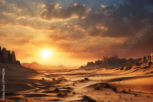 A majestic sun setting amidst towering rock formations against a vibrant sky  casting a golden hue over the sandy desert dunes