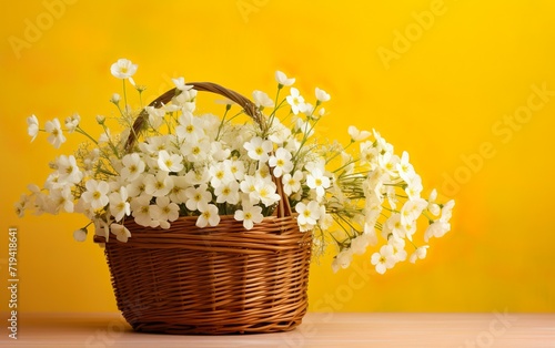 White flowers in wooden basket on yellow spring background © Stormstudio