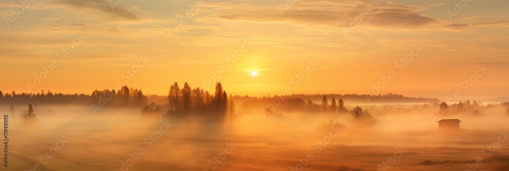 Morning fog over the village, dawn in nature, banner