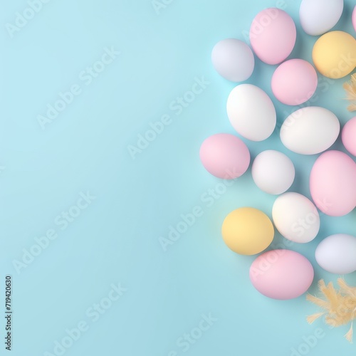 Easter egg. Easter party concept. Top view of easter bunny ears white pink blue and yellow eggs on isolated pastel blue background with copyspace in the middle.. Faci photo