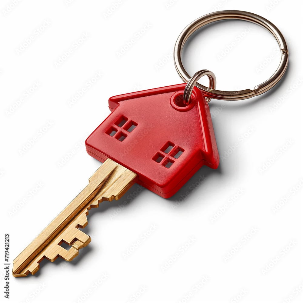 House door key with red house key chain pendant over white background House door key with red house key chain pendant over white background
