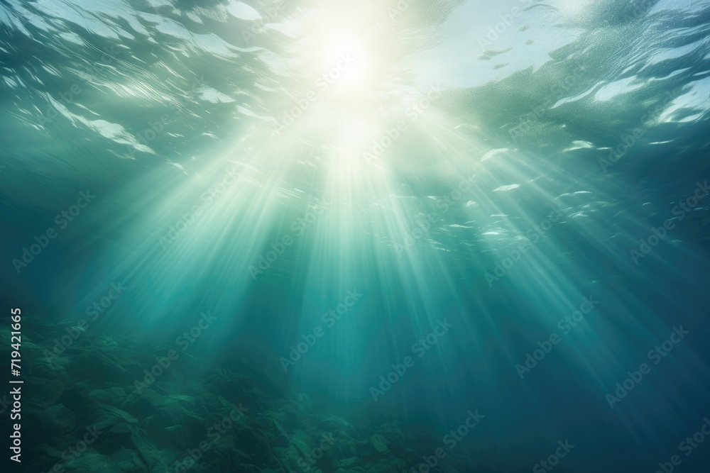 The sun casts brilliant rays through the pristine ocean water, illuminating the underwater world with its radiant glow.