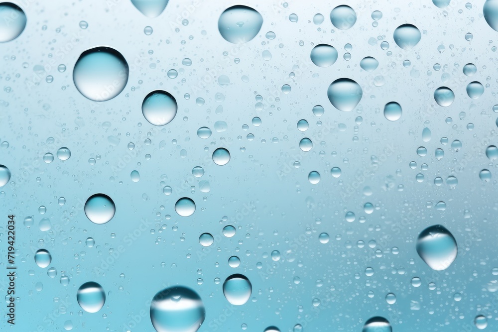 Raindrops form on a window pane, creating a mesmerizing pattern against the blurred background.