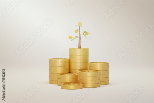 Coin stack growth with tree on white background. Growing saving concept. 3D illustration.