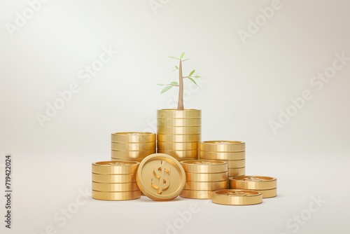 Coin stack growth with tree on white background. Growing saving concept. 3D illustration.