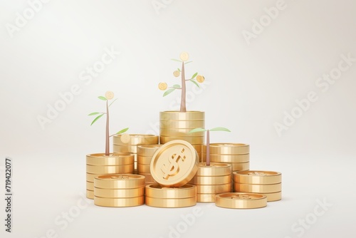Coin stack growth with tree on white background. Growing saving concept. 3D illustration.