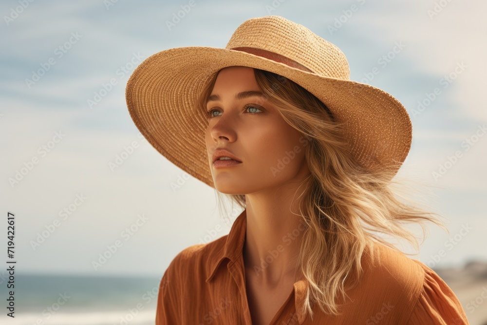 A woman in a stylish straw hat enjoys the sunny beach while sporting a casual outfit.