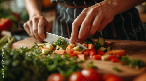 A close-up of a chef's hands slicing vegetables on a cutting board. The cook's hands are chopping vegetables. Cooking in progress.