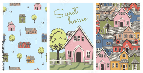 Posters with doodle houses, pattern with city buildings