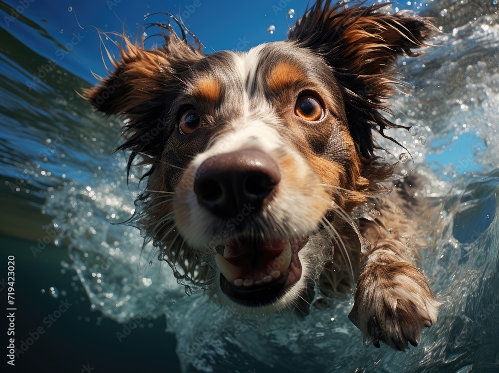 A graceful collie joyfully paddles through the refreshing waters, embodying the perfect summer pet and showcasing the beauty of outdoor adventures with our beloved canine companions
