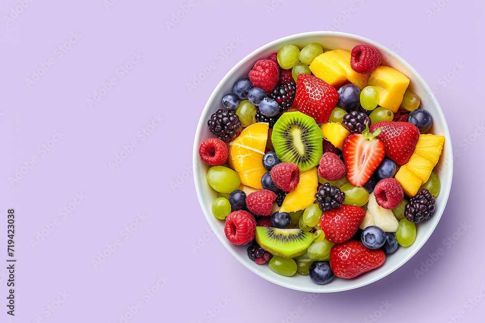 Fruit salad. Mix of seasonal fruits, such as strawberries, blueberries, raspberries, kiwi and grapes. Light purple background. Space for text. Top view.