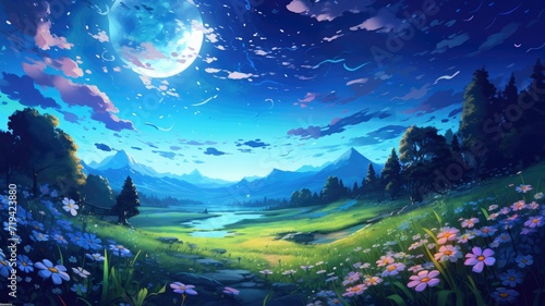 A painting depicting a landscape with vibrant flowers and a full moon shining brightly in the night sky.