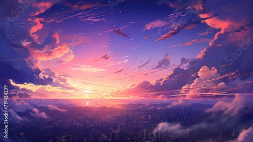 A stunning sunset showcasing vibrant colors, fluffy clouds, and a city skyline creating a breathtaking backdrop.