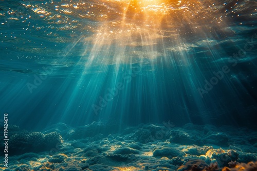 An underwater photo of the ocean with sunlight coming into the water and lots of fish.  