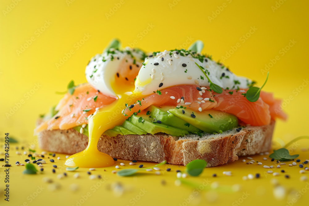 Avocado Toast: Sliced avocado, poached eggs and salmon. Light yellow background. Avocado Toast: Sliced avocado, poached eggs and salmon. Light yellow background.
