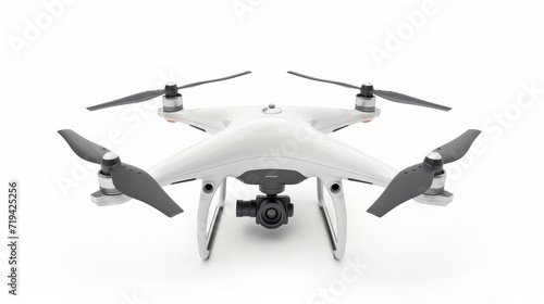 Aerial Drone Isolated on White Background. Top Front Side View Quad Copter with Digital Camera. Flying Remote Control Air Drone. Headless Quadcopter with 4K Hasselblad Camera and Remote Control photo