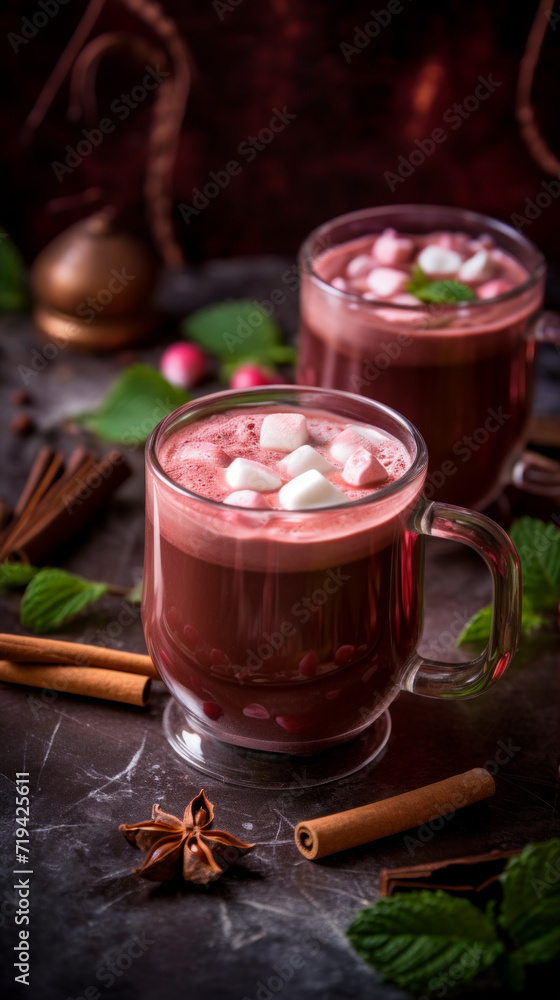 Cozy glass mug of hot chocolate topped with marshmallows, accompanied by cinnamon sticks on a textured background. Cozy glass mug of hot chocolate topped with marshmallows, accompanied by cinnamon sticks on a textured background.
