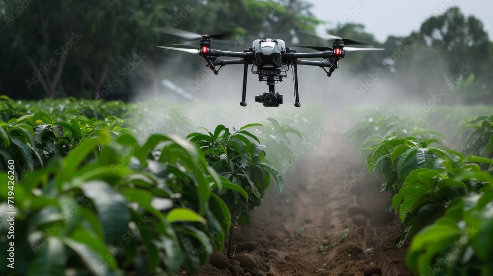 Agriculture drone fly to sprayed fertilizer on row of cassava tree. smart farmer use drone for various fields like research analysis, terrain scanning technology, smart technology concept Agriculture drone fly to sprayed fertilizer on row of cassava tree. smart farmer use drone for various fields like research analysis, terrain scanning technology, smart technology concept