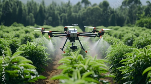 Agriculture drone fly to sprayed fertilizer on row of cassava tree. smart farmer use drone for various fields like research analysis  terrain scanning technology  smart technology concept