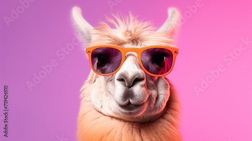 A llama wearing sunglasses poses against a vibrant pink background, giving a playful and stylish vibe. © pham