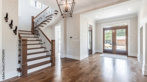 Bright and airy entry foyer with white wall stair case light colored hard wood flooring dark walnut front door entry coat rack hooks to a welcoming interior photo