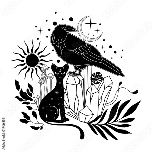 Mystical black cat. Silhouette. Poster with a cat. Vector.