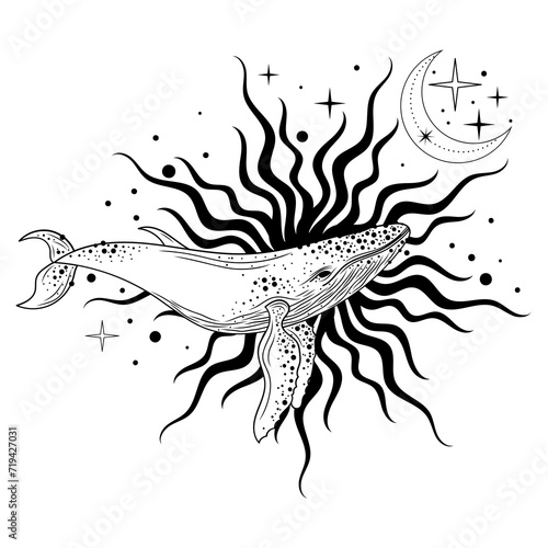 Mystical whale. Silhouette of a blue, humpback whale, killer whale. Poster. Tattoo style. Vector.