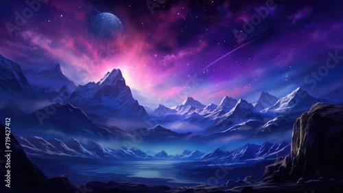 A detailed painting capturing the beauty of a mountain range illuminated by the moonlight under a starry night sky.