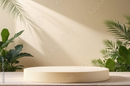 Premium quality Minimal product display neutral beige color shadows and podium background. 3d rendering, Ai Generative
