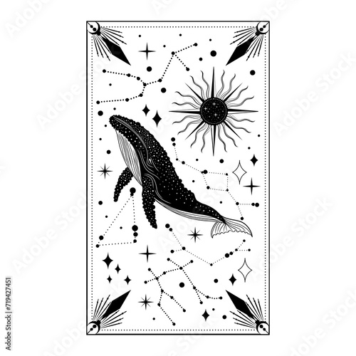 Mystical whale. Silhouette of a blue, humpback whale, killer whale. Poster. Tattoo style. Vector.