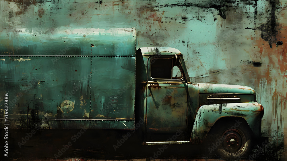A Painting of a Green Truck Parked in Front of a Wall