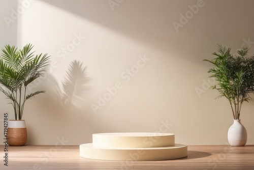 Premium quality Minimal product display neutral beige color shadows and podium background. 3d rendering  Ai Generative