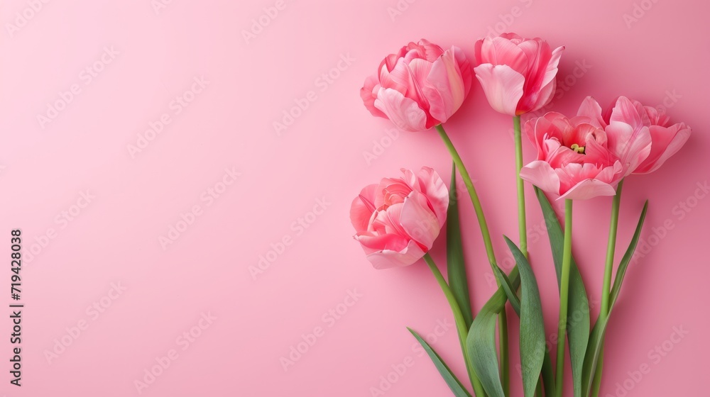 Minimalist Mother's Day Concept with Beautiful Pink Tulips on Pastel Pink Background
Minimalist Mother's Day Concept with Beautiful Pink Tulips on Pastel Pink Background