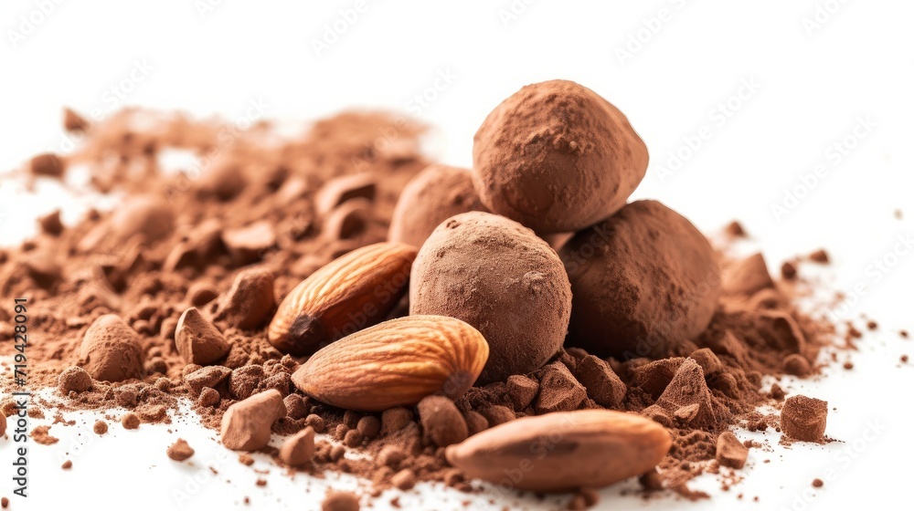 Chocolate coated almond in cocoa powder isolated on white background Chocolate coated almond in cocoa powder isolated on white background