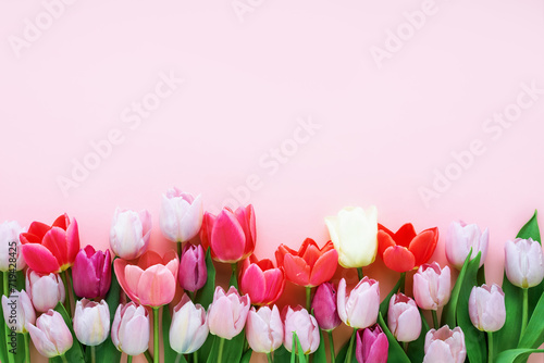 Fototapeta Naklejka Na Ścianę i Meble -  Bouquet of colorful tulips on light pink background. Greeting card. Copy space